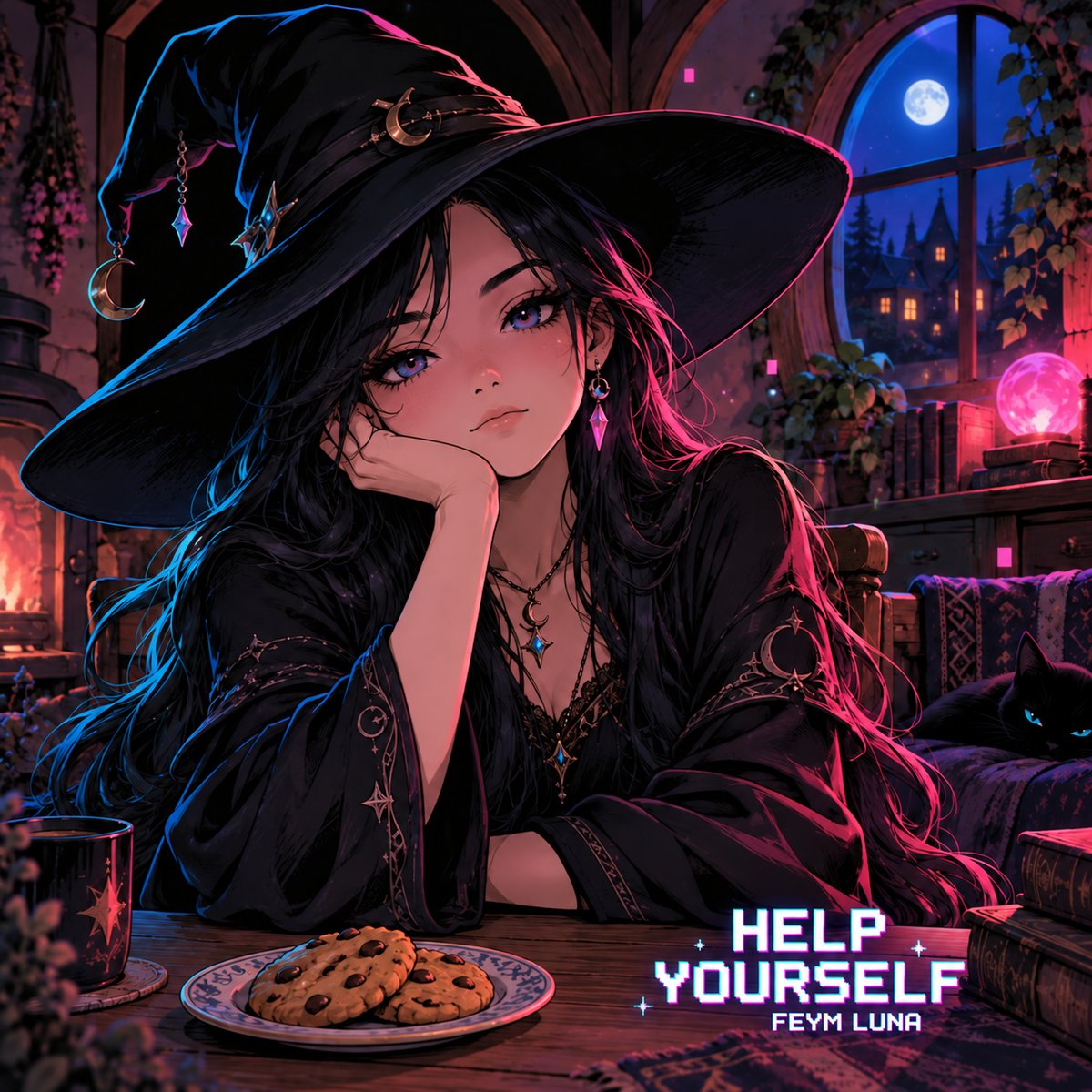 Help Yourself single cover art - a witch resting her chin on her hand at a table with cookies, lit in pink and blue
