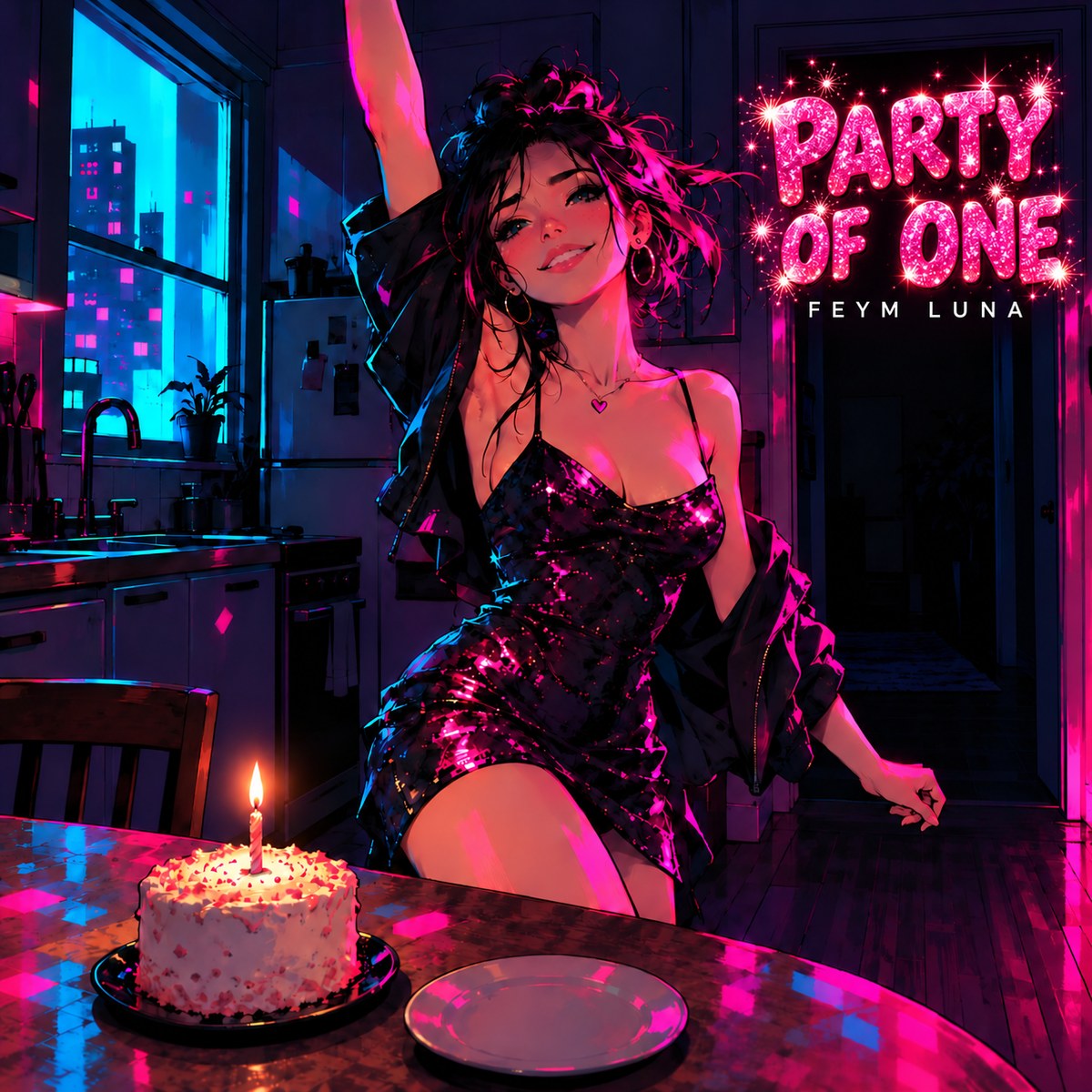 Party of One single cover art - a girl in a sequin dress dancing alone in a neon-lit kitchen next to a birthday cake with a single candle