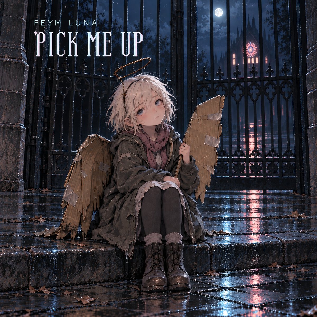 Pick Me Up single cover art - a little angel with cardboard wings and a wire halo waiting on wet steps outside a gate at night