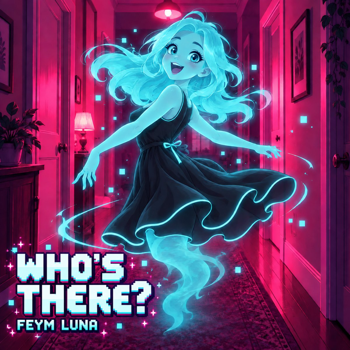 Who's There? single cover art - a glowing blue ghost girl dancing down a pink lit hallway