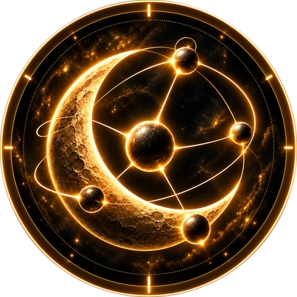 The Feym Luna orbital signal mark in yellow: a crescent moon inside a ring of orbiting nodes